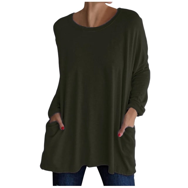 KIHOUT Spring Winter Womens Tops New Round Neck Long Sleeve Loose Pocket Solid Color Casual Top