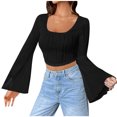 thumbnail image 1 of FAIWAD Women's Ruched Textured Crop Tops Bell Long Sleeve Square Neck Asymmetrical Streetwear Pullover Tops, 1 of 9