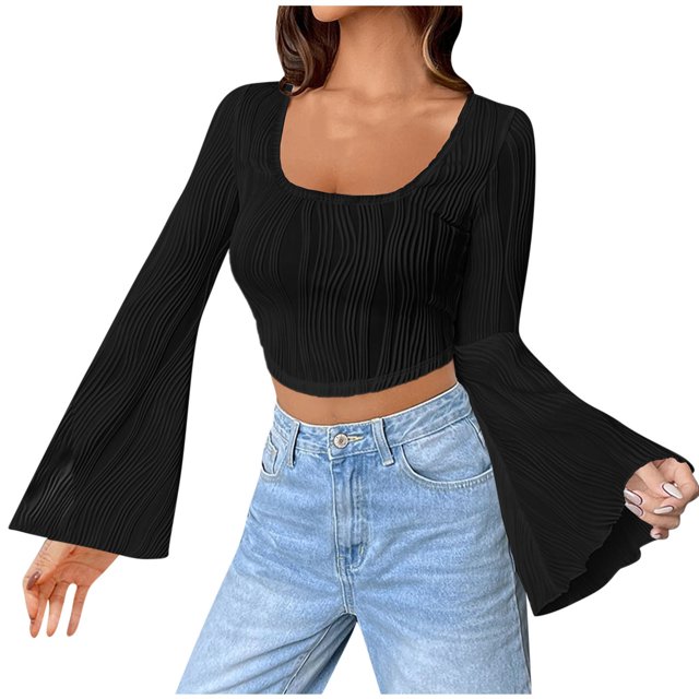 FAIWAD Women's Ruched Textured Crop Tops Bell Long Sleeve Square Neck Asymmetrical Streetwear Pullover Tops