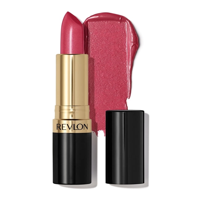 Revlon Super Lustrous Pearl Lipstick, Creamy Formula, 4.2g in a pink pearl shade with a black and gold tube, shown with a swatch of the lipstick color on a white background, formulated with 80% conditioning ingredients for soft, fuller-looking lips.