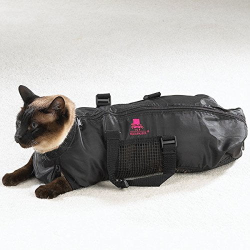 Heavy Duty Mesh Cat Grooming Bathing Restraint Bag 3 Sizes & Vet Sets Available(Small) front-facing small black polyester grooming bag with rubber mesh panels, zippered top opening and Velcro collar, two front zippers for paw access and three rear zippers for hind access. Two carrying handles and hanging hook. Measures 17 x 9 in (43 x 23 cm), fits 5–10 lb cats; suitable for bathing, nail clipping, dental cleanings and veterinary procedures.