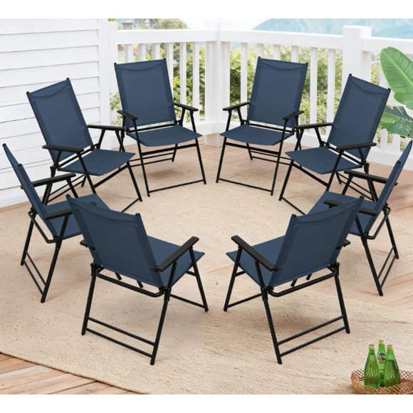 Ensemble de 8 Chaises Pliantes d'Extérieur, Chaises de Salle à Manger de Patio Portatives avec Accoudoirs et Dossier Haut, Cadre en Acier Robuste pour Jardin, Pelouse, au Bord de la Piscine, Camping (Bleu)