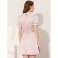 thumbnail image 4 of INSPIRE CHIC Robe Satinée à Manches Courtes Bouffantes pour Femme, Col Montant à Volants, Taille à Nouer, Rose, P, 4 of 5