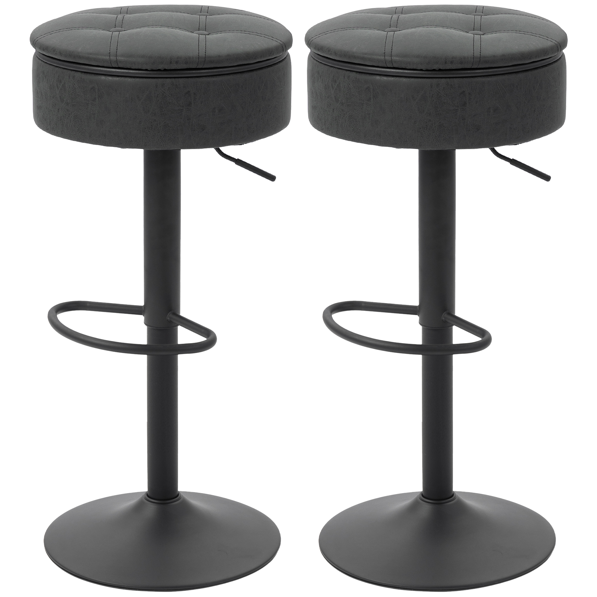 CoSoTower Set of 2 Barstools with Storage, Swivel Bar Stools with PU Leather Upholstered, Footrest, Steel Base, Black