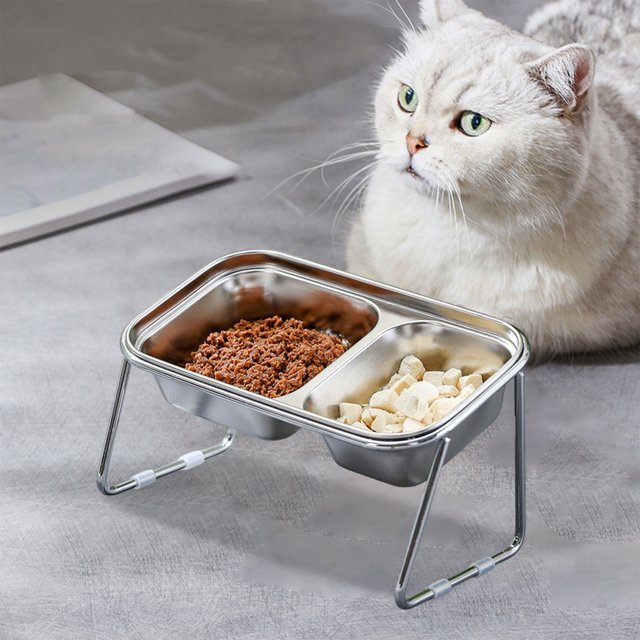 TopLLC Bol pour Minou en Acier Inoxydable Bol de Nourriture pour Minou Bol d'Eau pour Chien pour Minou Riz Nourriture et Eau Intégrées Sans Chocs et Protection du Cou Bassin pour Chat en Acier Inoxydable