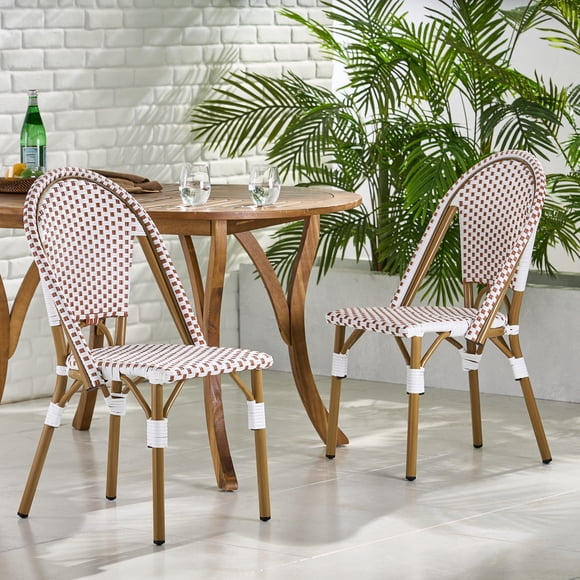 Mooney Wicker Outdoor French Bistro Chair, Set of 2, Rust Orange, White, and Bamboo Finish