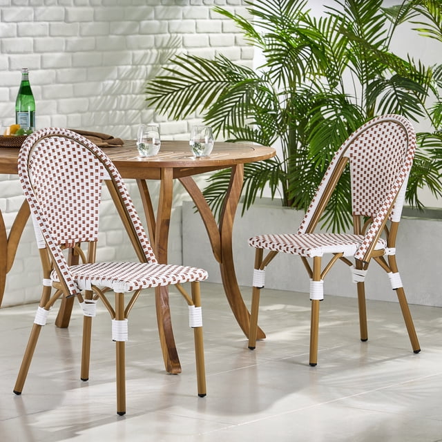 Chaises Bistro Françaises d'Extérieur en Rotin PE et Aluminium, Ensemble de 2, Rouge Rouillé et Blanc, Fini à Motif Bambou