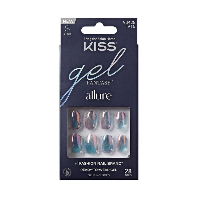 KISS Gel Fantasy Allure short silver oval press-on nails 28 count featuring holographic 3D layered gel design, waterproof and chip-proof for up to 14 days, includes glue for easy application, suitable for quick salon-quality nails at home.