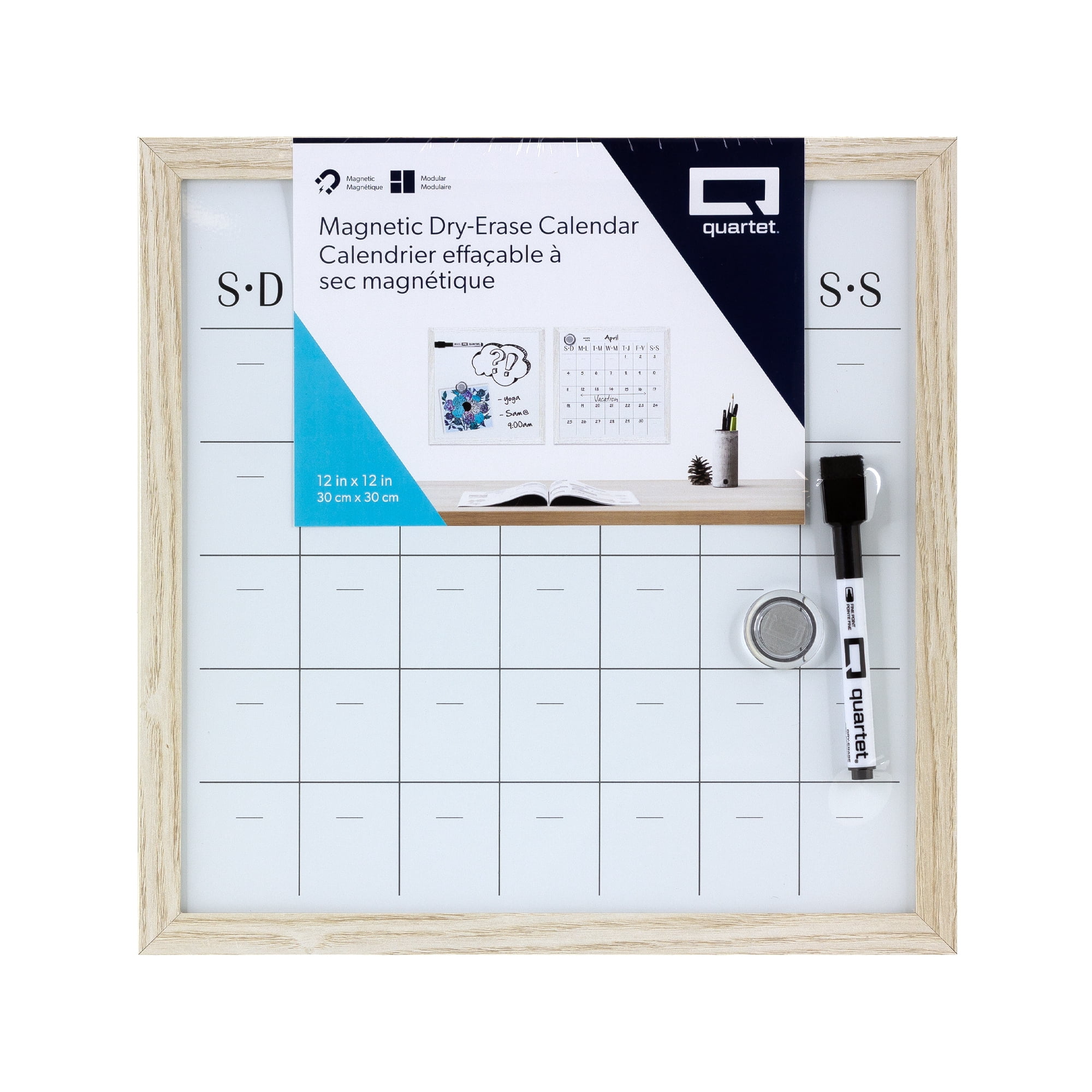 Quartet Tableau calendrier effaçable à sec, cadre en bois, 12 po x 12 po