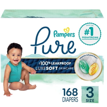 Pampers Pure Couches pour Bébé, Taille 3 (16-28 lbs), 168, jusqu'à 100 % à l'Épreuve des Fuites, Couches Douces Hypoallergéniques de Qualité Supérieure