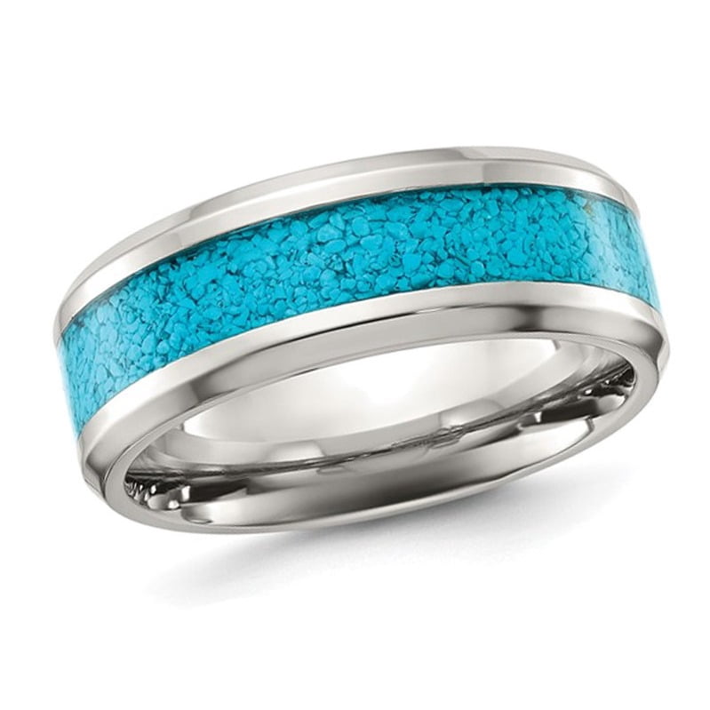 Bague Anneau pour Homme en Titane Poli avec Incrustation Turquoise (8 mm)