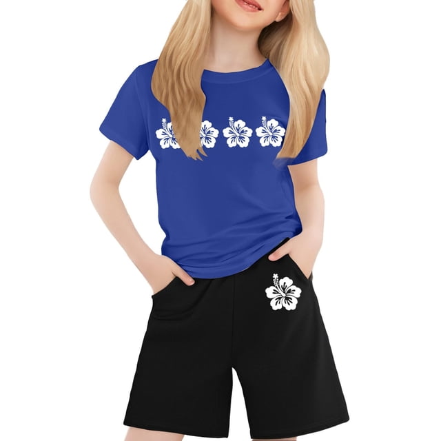 GDREDA Ensemble de Mini Pantalons T-Shirt Imprimé à Col Rond et Manches Courtes pour Enfants Garçons et Filles Bleu, 6-7 Ans