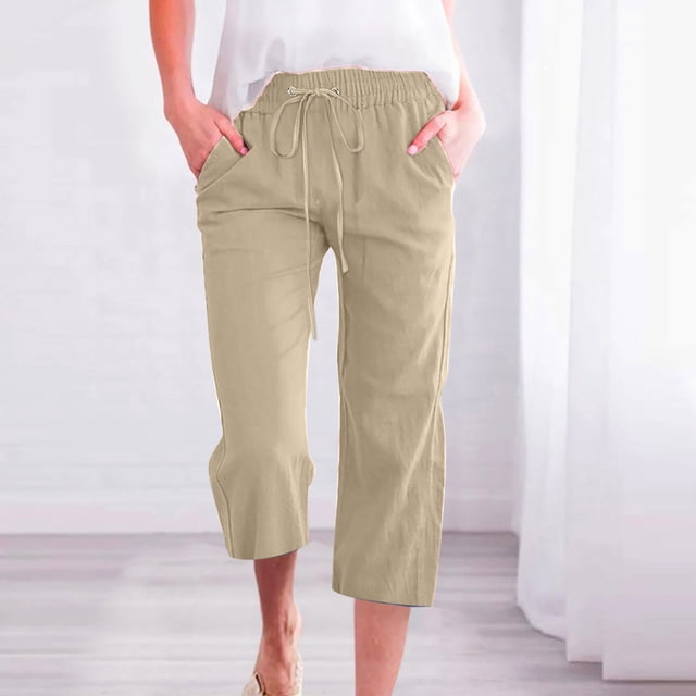 Meichang Pantalon Capri à Jambe Grand pour Femmes avec Taille Extensible et Poches, Uni