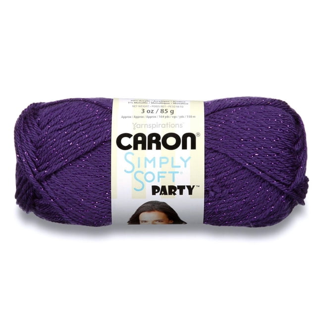 Caron® Simply Soft® Party™ Yarn in deep purple with subtle metallic sparkle, acrylic #4 medium weight, 3oz/85g skein with 164 yards, machine washable and dryable, suitable for knitting and crochet projects including baby garments and accessories.