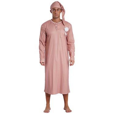 iiniim Pyjama pour Homme Doux et Ample à Rayures, Chemise de Nuit à Manches Longues avec Bonnet de Nuit, Ensemble de Pyjama Kaki m