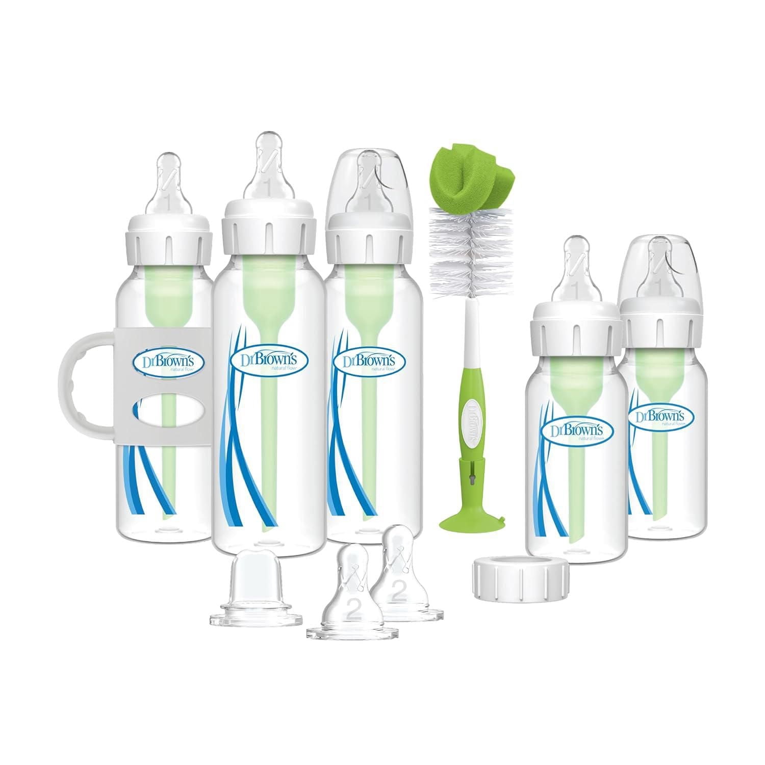 Ensemble cadeau de biberon anti-colique Dr. Brown's Natural Flow Options+ étroit à sippy avec bec verseur en silicone souple, poignées en silicone amovibles, capuchon de voyage et brosse à biberon