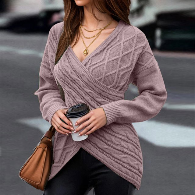 VgaVtl Ladies Sweaters Chunky V-Neck Long Sleeve Pullover Fall Sweaters Women Purple Fitted Knit Slim Solid Color Sweaters