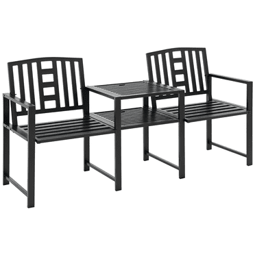 Outsunny Banc de Jardin en Acier avec Table Centrale, Trou pour Parasol, Double Siège pour Extérieur, Patio, Cour Arrière, Cadre Résistant aux Intempéries, Noir
