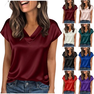 Yuyuzo Womens Ation Tops Short Sleeve Basic Loose Summer Solid Color V Neck Flowy Shirts Ladies Office Business Blouses