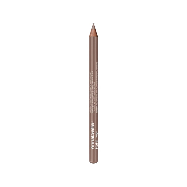 Annabelle Metallic Kohl Long-Lasting & Intense Vegan Eyeliner pencil in metallic taupe with white branding and vegan cruelty-free text on the barrel, sharpened tip visible, designed for precise eye makeup application and suitable for sensitive eyes.