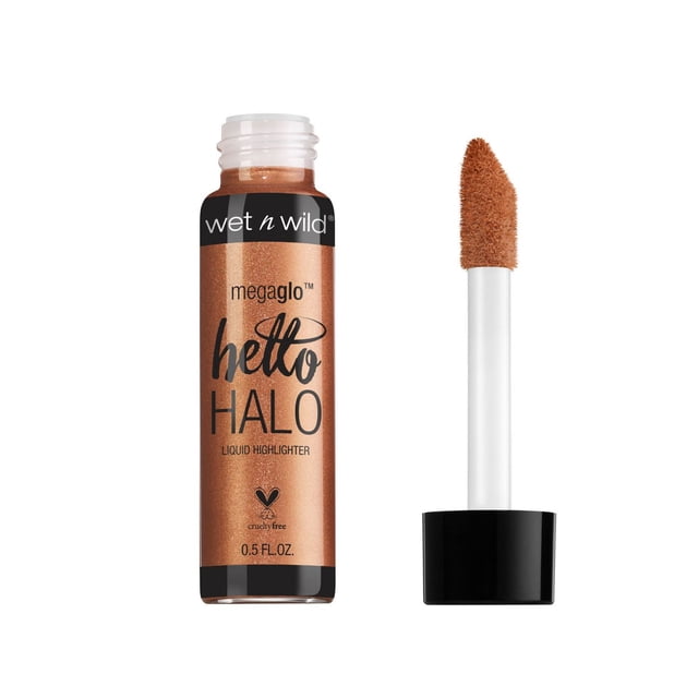 wet n wild Megaglo Hello HALO Liquid Highlighter in a shimmering bronze liquid inside a clear 0.5 fl oz bottle with black cap, shown with the applicator wand featuring a slanted sponge tip coated in highlighter, delivering a buildable multi-shimmer glow and hydrating skin with Murumuru Seed Butter and Vitamin E, ideal for enhancing facial radiance.