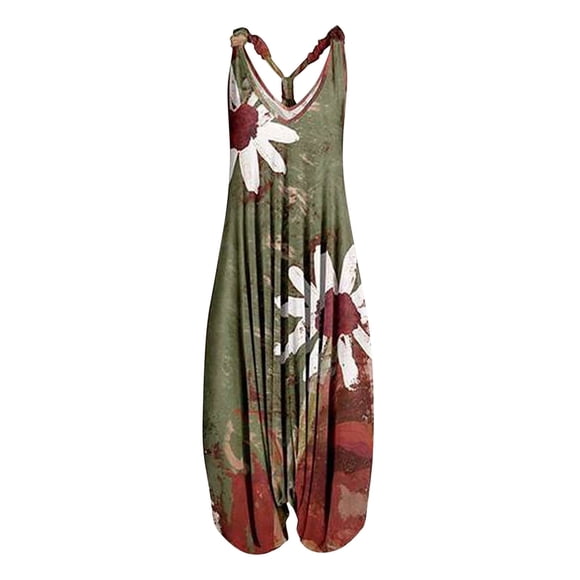 yoeyez Plus Size Overalls for Women,Ladies Wide Leg Boho Print Baggy Overalls Loose Fit Strapless Sleeveless Long Playsuit Women Summer Jumpsuits 2025 Green,L