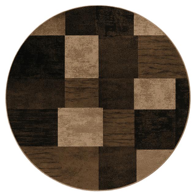 Rug Branch Montage Collection Modern Geometric Runner Area Rug in a round shape with a patchwork pattern of textured squares in brown, beige, and black shades featuring wood grain and distressed effects, crafted from durable 100% olefin heat-set fibers ideal for high-traffic areas.