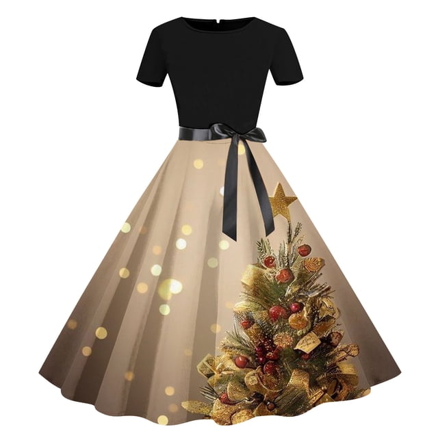 Jsaierl Robe de Noël pour Femmes à Manches Longues, Col en V, Plissée, Robes de Bal avec Ceinture 2024, Robe de Cocktail d'Hiver pour Fête, Robe Évasée. Cette Robe Élégante Présente un Haut Noir Ajusté à Manches Courtes, une Ceinture en satin à la Taille et une Jupe Évasée beige avec un Motif de Sapin de Noël Festif et des accents Dorés. Parfaite pour les Fêtes des Fêtes, les Réunions de Famille et les Tenues Assorties pour Mamans et Filles.