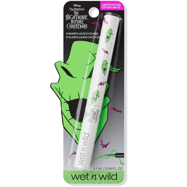 Shimmer Liquid Eyeliner - Nightmare Before Christmas by wet n wild, a 2.7 mL (0.09 fl. oz.) white liquid eyeliner pen featuring green Oogie Boogie faces and purple bats on the packaging, designed for precise shimmer application.
