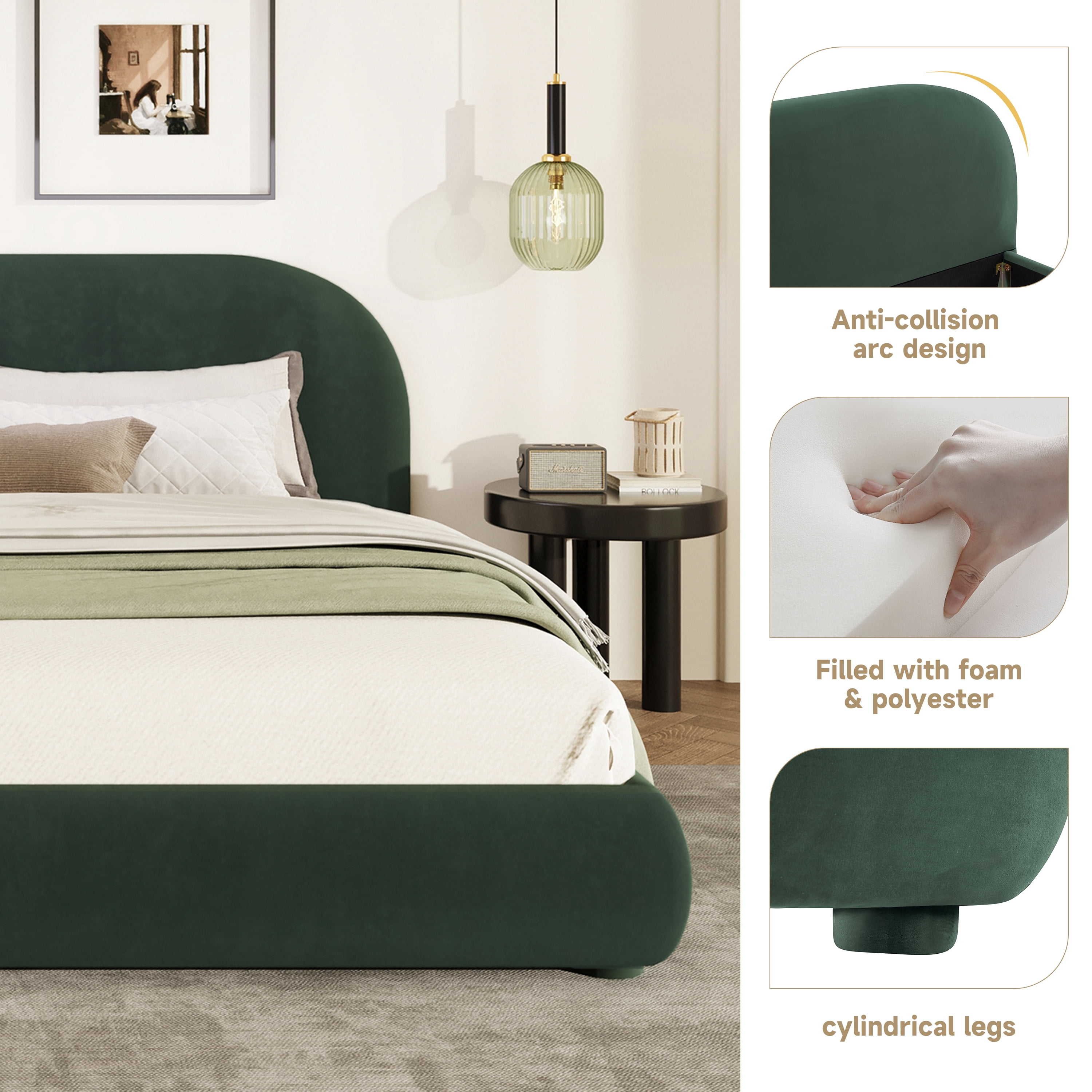 Noble House Lit rembourré Style King Cream, tête de lit en tissu texturé courbé avec structure solide, vert foncé