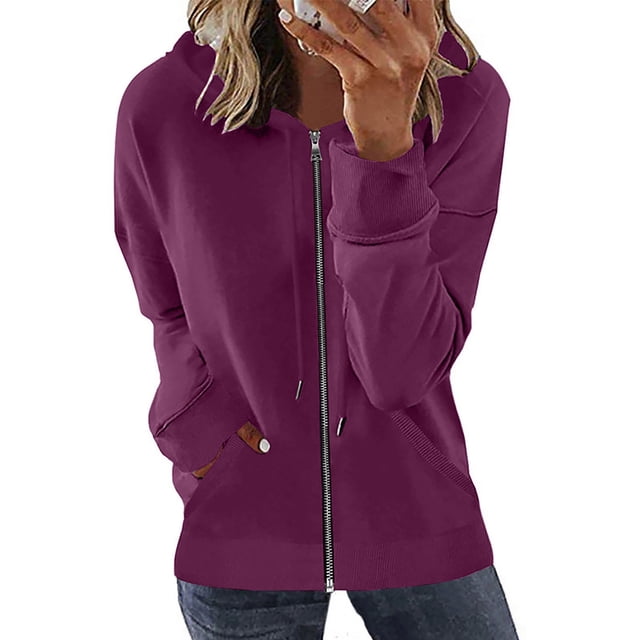PEZHADA Économies d'Automne Chandail à Capuchon à Fermeture à Glissière Décontracté pour Femme, Veste Ouverte à l'Avant, Coupe Ample, Manteau à Manches Longues avec Cordon de Serrage, Chandail à Capuchon avec Poche, Rose Vif