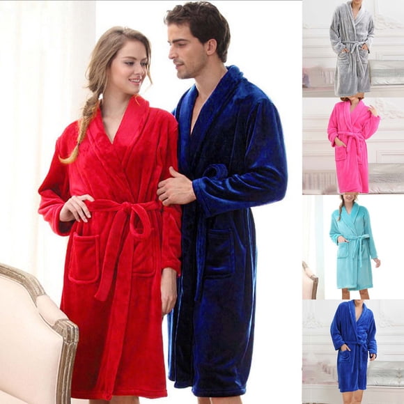 Meichang Peignoir Long en Molleton pour Hommes et Femmes, Hiver, Chaud, Manches Longues, Col Châle, Peignoir Duveteux, Doux et Confortable, Tenue d'Intérieur, Peignoirs pour Couple avec Ceinture et Poches
