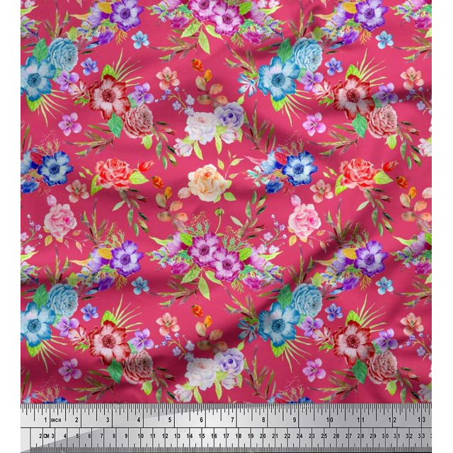 Soimoi Poly Georgette Fabric Leaves, & Rose Floral Print Sewing Fabric Yard 52 Inch Wide