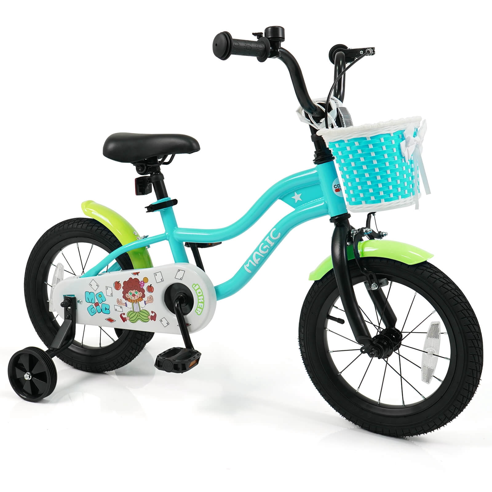 Costway 14" Kids Bike with Training Wheels, Basket, Hand & Coaster Brakes, Adjustable Seat Green