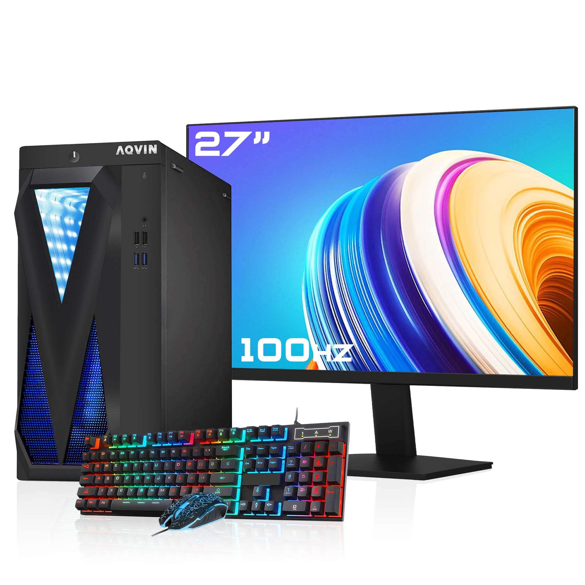 AQVIN Gaming PC RGB Desktop Computer- AMD Radeon RX 550 4GB GDDR5 Intel Core i7 CPU 16GB RAM 512GB SSD Windows 11 Pro 27" FHD monitor (Refurbished)