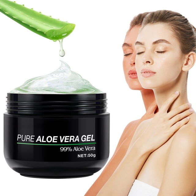WIFKLSIIPG Gel After Sun Soothing Hydrating Moisturizing and Mark Moisturizing 50ml. A black jar labeled 'Pure Aloe Vera Gel 99% Aloe Vera NET: 50g' with a translucent green gel inside. An aloe leaf dripping gel is shown above the jar. Suitable for face, body, and hair, this lightweight, non-greasy formula soothes irritated skin, hydrates, and nourishes after sun exposure. Package weight: 70g, size: 6x6x5cm.