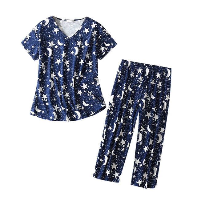 Kcodviy Women Pajamas Set Short Bridal Sleep Set Sleeve Top Capri Pants Womens Button Sleep Shirt Sleepwear Plus