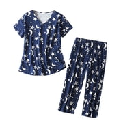2025 Women Cotton Pajamas Set Cute Pajama Set for Women Short Sleeve Top Capri Nightshirts for Women Sleepwear Pants Sleepwear Plus