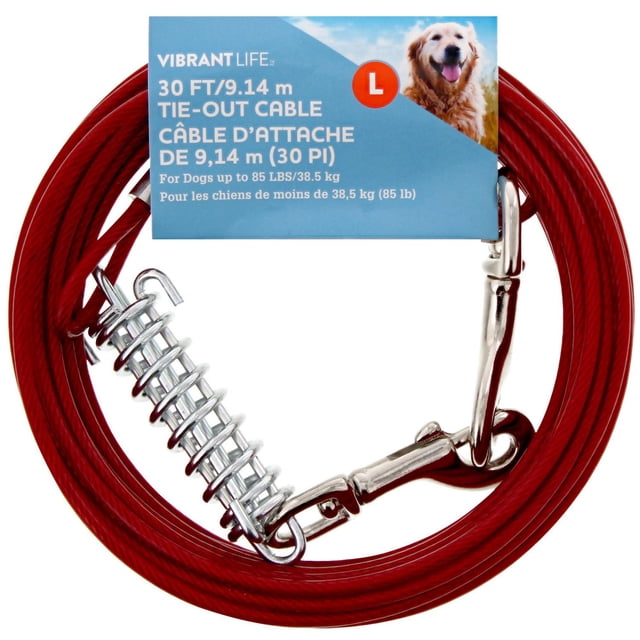 Vibrant Life 30 ft/9.14 m Dog Tie Out Cable in red with metal stake and snap hook, designed for dogs up to 85 lbs, ideal for outdoor tethering and dog training, coiled neatly with a blue label showing usage instructions and a dog image.