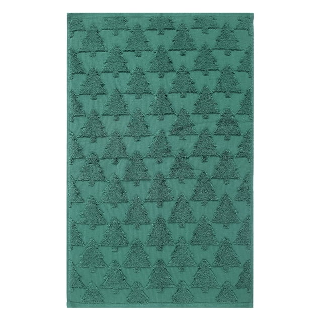Holiday Time Trees Jacquard Hand Towels, 2-Pack in green with raised jacquard Christmas tree patterns, made of 100% cotton, 16 by 26 inches, soft and absorbent for bathroom or kitchen use during holidays, also suitable as festive gift towels.
