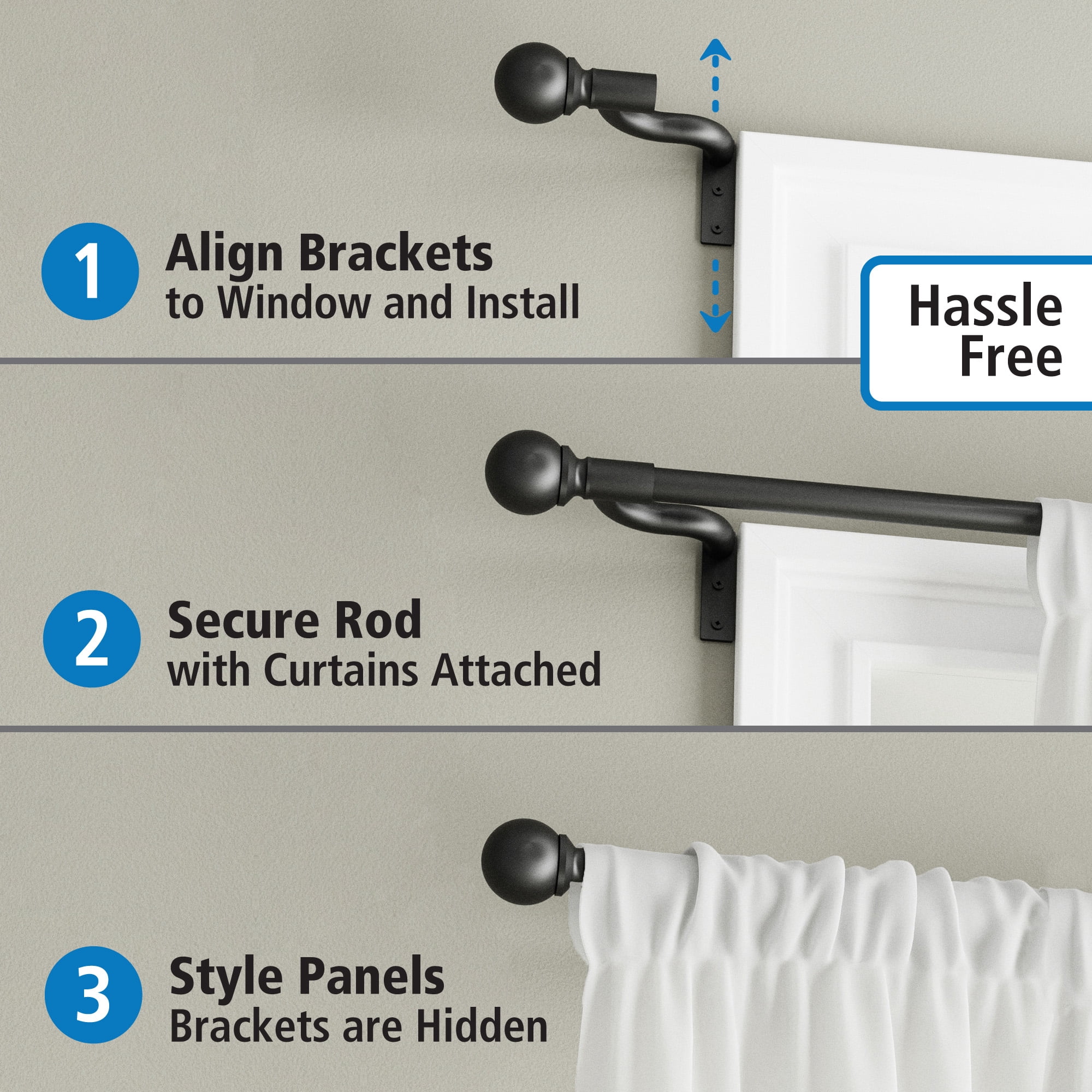 Mainstays Easy Install Tige décorative de rideau à boule, ajustable, 18 » - 48 », noire