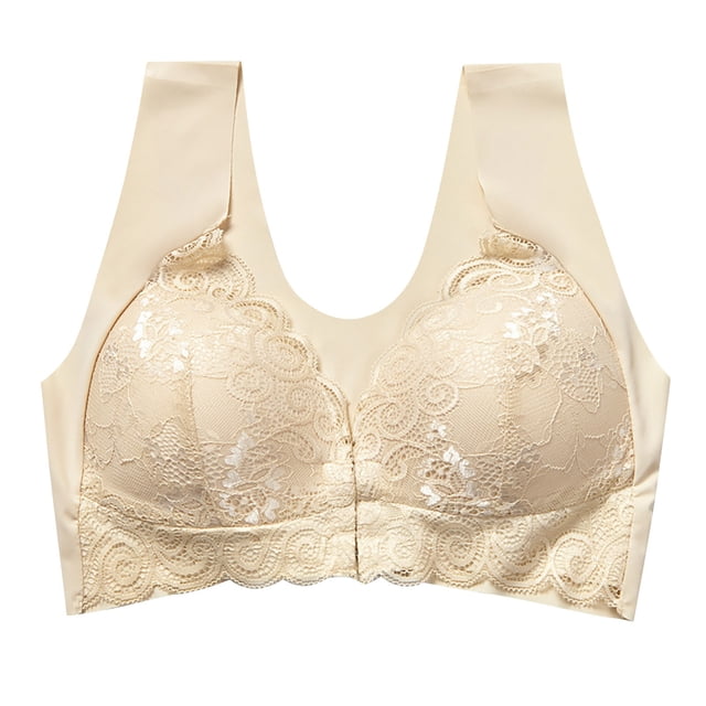 Timegard Front Closure Bras for Women Wide Strap Wireless Flower Lace Full Support Back Smoothing Bras