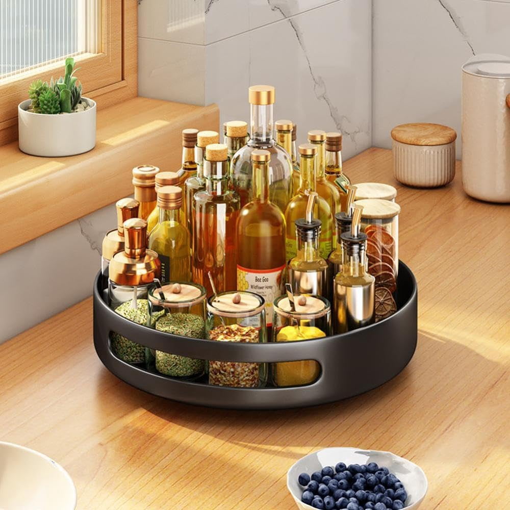 Organisateur de Plateau Tournant Rotatif, Porte-Épices Rond en Métal Rotatif, Étagère de Rangement Rotative pour Garde-Manger de Cuisine Armoire Table à Manger Frigo Comptoir Coiffeuse Grand-Noir Taille Unique