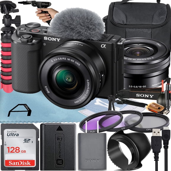 Sony Alpha ZV-E10 Mirrorless Vlog Camera With 16-50mm Lens + 128GB Memory Card + Filter Kit + Tripod + Case + A-Cell Mobility Accessory Bundle (Black)