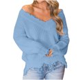 thumbnail image 1 of Dagegui Womens Off the Shoulder Sweater Solid V Neck Long Sleeve Loose Knitted Pullover Ripped Crop Top Blue,L, 1 of 6