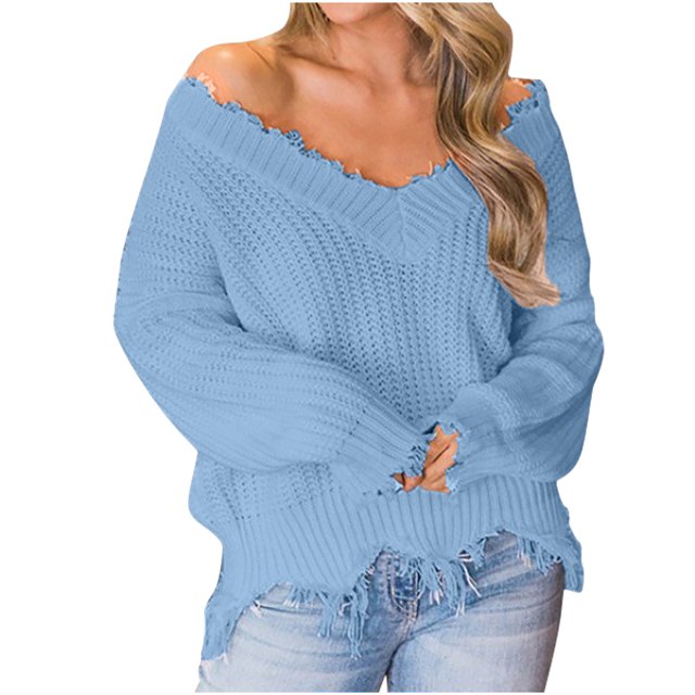 Dagegui Womens Off the Shoulder Sweater Solid V Neck Long Sleeve Loose Knitted Pullover Ripped Crop Top Blue,L