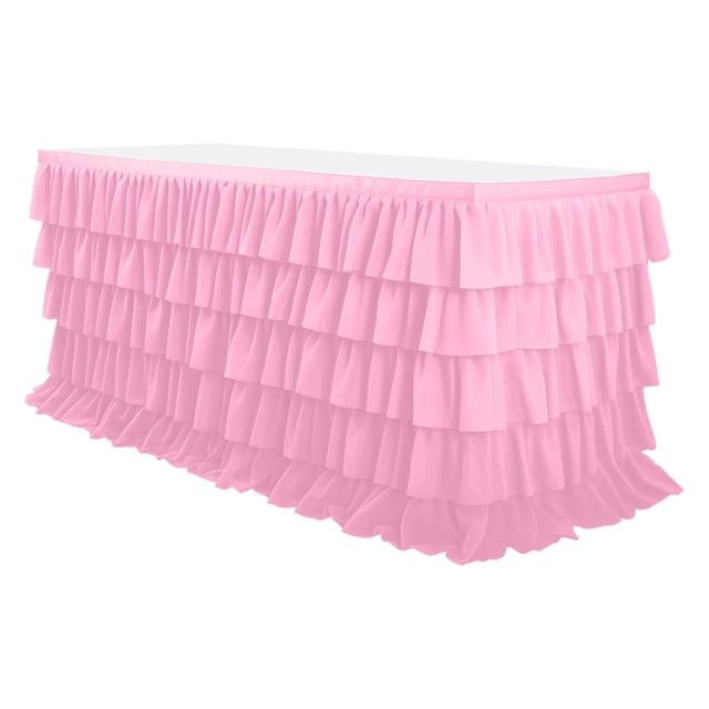 RKSTN 9FT Pink Tulle Desk Skirt for Rectangle&Round Tables, Wrinkle Resistant Pleated Ruffle Table Cloth, White Tutu Ruffle Table Skirt for Cake Dessert Buffet Banquet Dinner Table Decorations