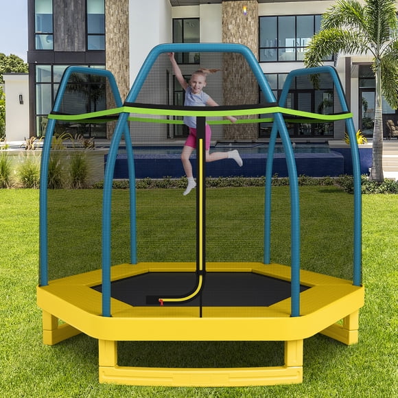 Costway 7 FT Kids Trampoline with Safety Enclosure Net Spring Pad Indoor Outdoor Heavy Duty Green