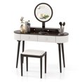 thumbnail image 2 of Costway Solid Wood Makeup Vanity Desk Set with LED Lighted Mirror Drawers Cushioned Stool White + Brown, 2 of 10