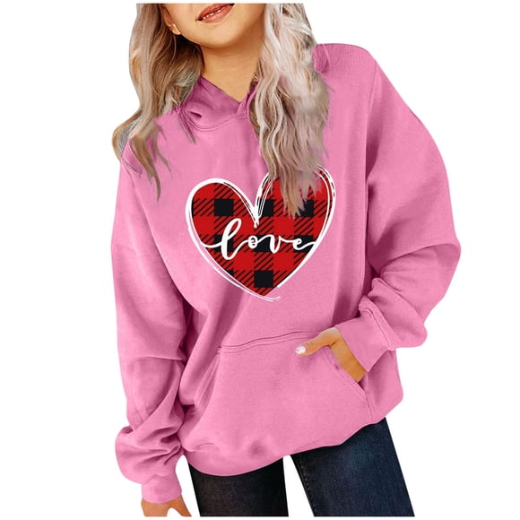 Milgrthf Valentines Hoodies Sweatshirt for Tween Girl Cute Love Heart Shirts Hooded Pullover Long Sleeve Casual Tops with Pocket Pink 5 Years